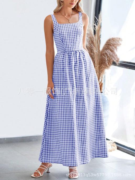 Women Square Neck Gingham Maxi Dress Sleeveless Spaghetti Strap Elastic Waist Flowy Long Summer Casual Dress