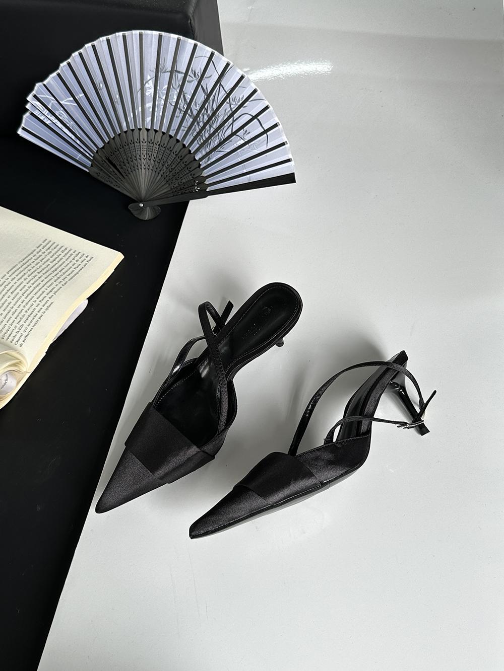 

модные женские сандалии с острым носком, шелковые летние туфли, гладиаторские туфли на высоком каблуке, серебристые, черные, розовые, сексуальные мюли с ремешком сзади 7.5 чёрный