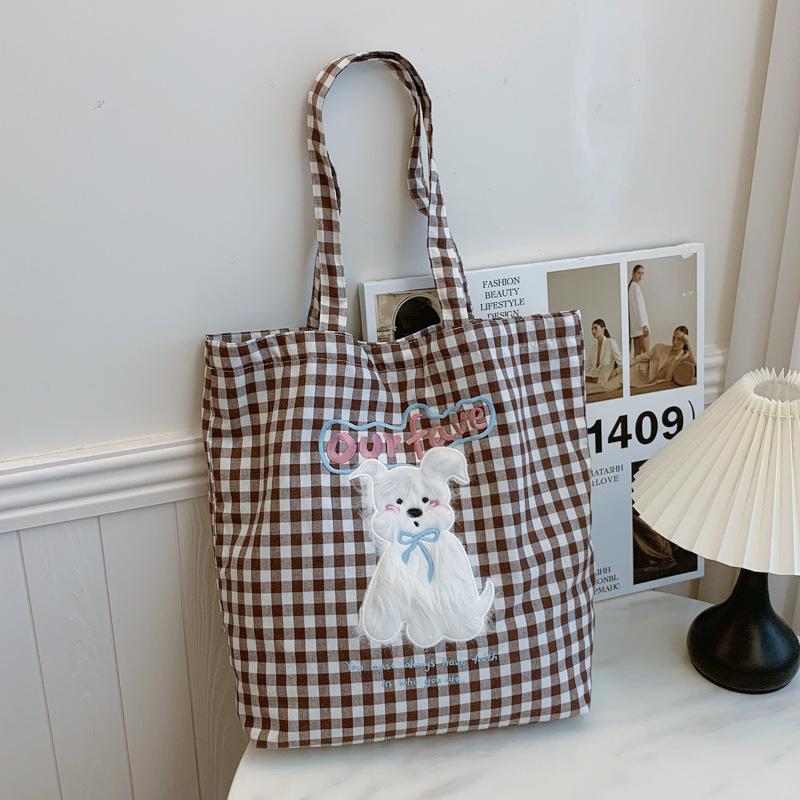 

Миле плюшеве цуценя вишита сумка через плече великої місткості, картата сумка для студентів, тканинна сумка, повсякденна сумка-тоут для жінок