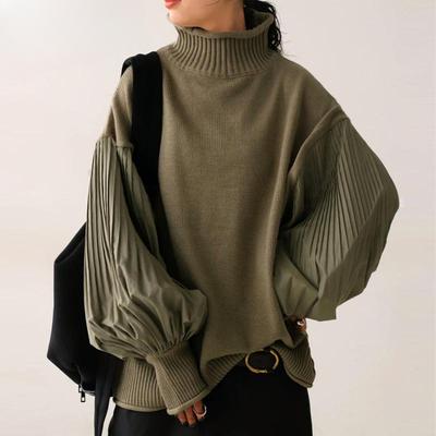 Maglione coreano alla moda autunno inverno donna elegante dolcevita nero cachi patchwork casual pullover largo manica a lanterna maglione da donna