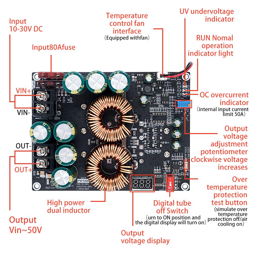 ZK-PW1200 50A Aufwärtswandler Netzteilmodul DC 10-30V auf 50V, 1200W, Audioverstärker Konverter mit doppelten Induktoren, LCD-Display