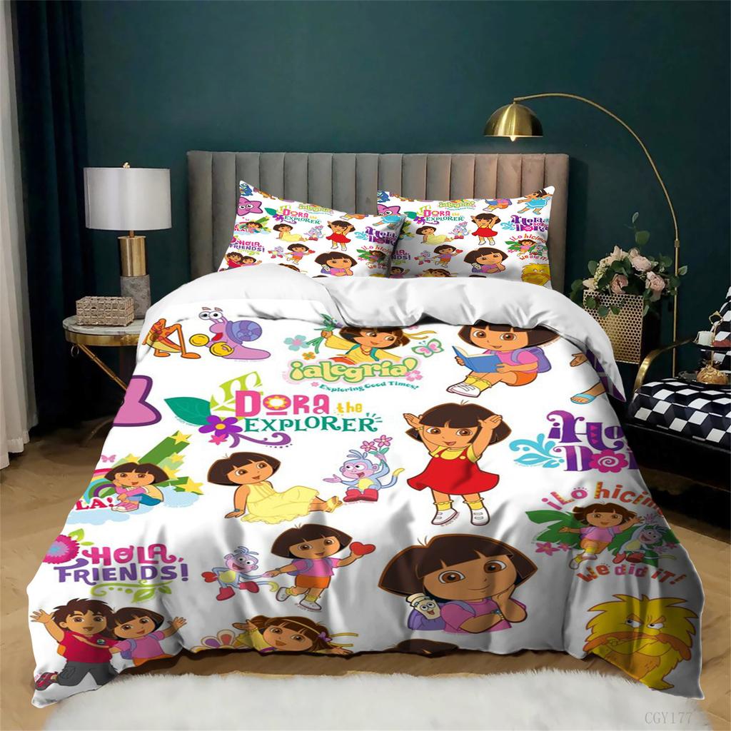 3-Pcs Classic Bedding Set Dora the Explorer Lightweight Duvet Cover Set Soft Quilt Cover All-Season Room Decor for Kids