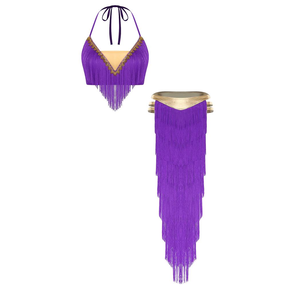 Womens Fringed Dance Outfit Halter Top Lace Up Gold Trim Crop Top Irregular Hem Slit Tiered Skirt