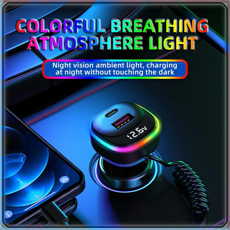 K2S PD 65W Phone Fast Charging Adapter USB+Type-C Car Charger with Type-C/8-Pin Spring Cable