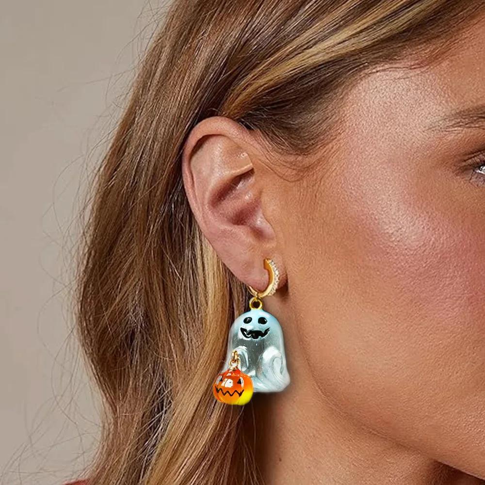 Charming Halloween Ghost Pumpkin Hoop Earrings Cute Rabbit Pumpkin Resin Drop Earrings Halloween Jewelry For Women