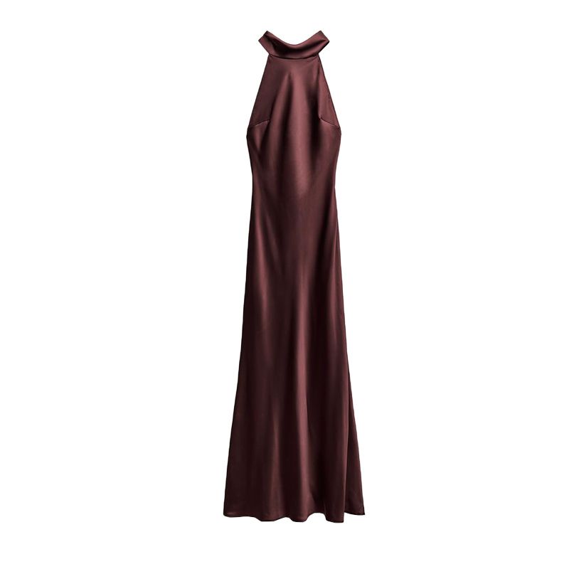 

Spring New Arrival Women s Sleeveless A- line Dress Halterneck Silk Satin Texture Half Turtleneck Dress 8739331 Burgundy L