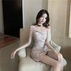 Summer new celebrity temperament small slanted shoulder tube top sparkling slim and thin irregular dress women