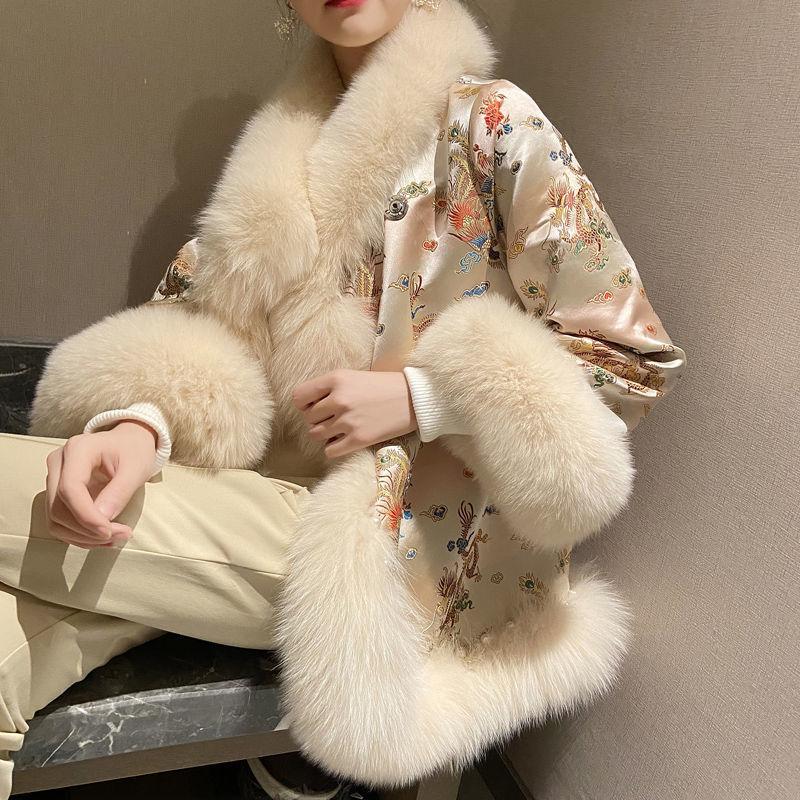 Women's Chinese-style Long Imitation Fox Fur Coat with Satin and Beaded Cape  Winter