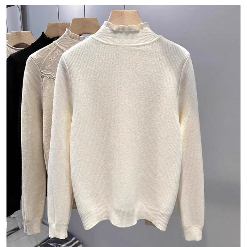 Women's Winter Semi High Neck One-piece Velvet Base Sweater with Added Velvet and Thick Thickness Inner Layer