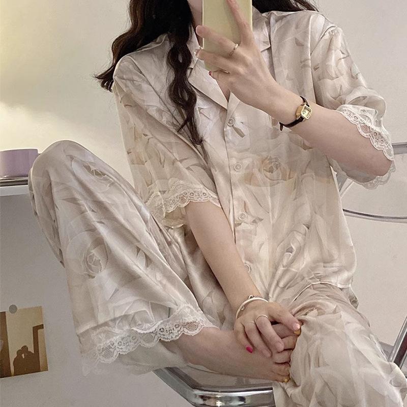 

Высококачественное кружево Модный размытый цветочный принт Домашняя одежда Женский кружевной костюм с короткими рукавами M