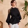 Lace Chiffon Blouse 2024: Sexy Hollow Sleeve, Solid Color Button Tie Women's Top