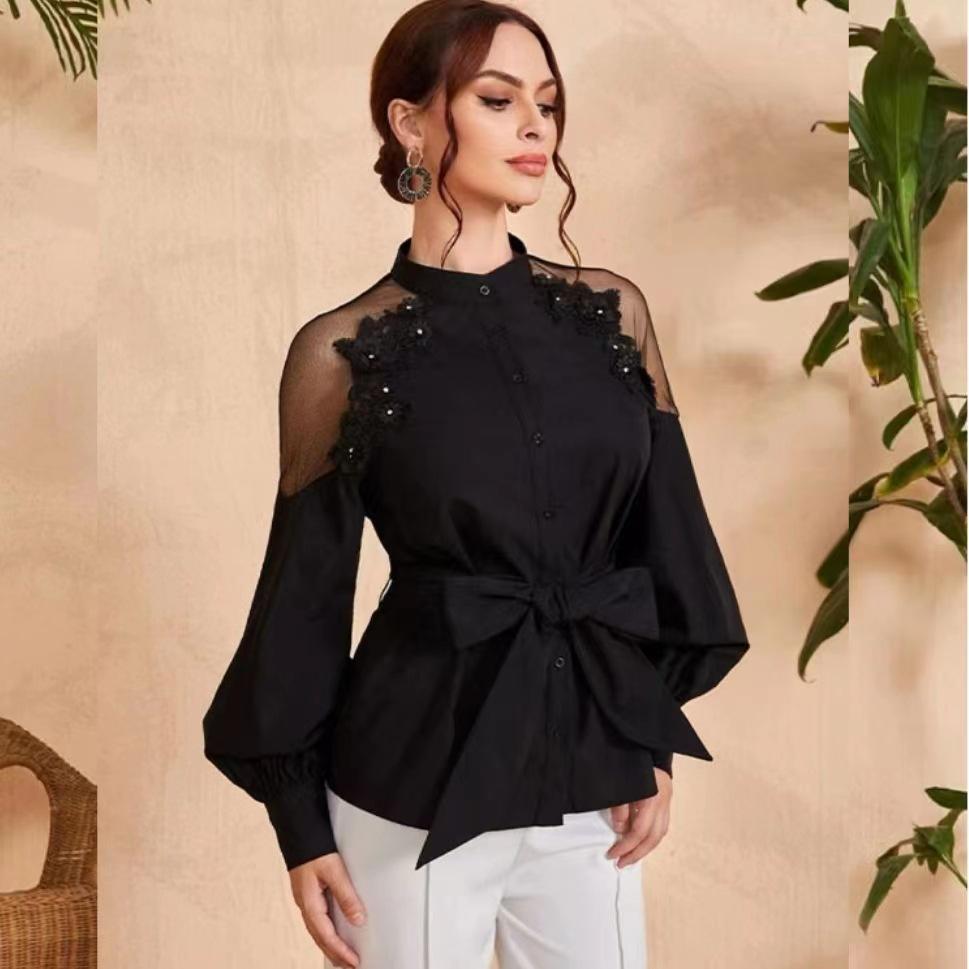 Lace Chiffon Blouse 2024: Sexy Hollow Sleeve, Solid Color Button Tie Women's Top