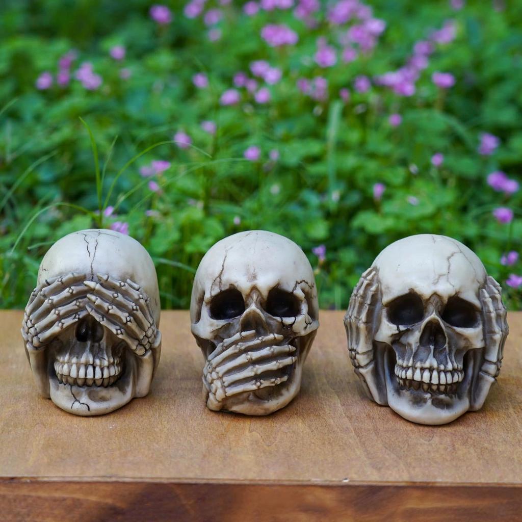 Skulls Figurine No Evil Resin Human Skull Statue Head Sculptures Skull Collectible Halloween Funny Skull Home Decor