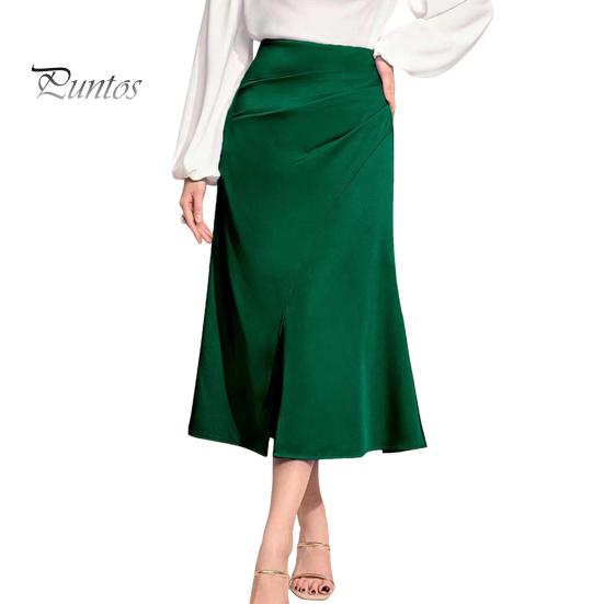 

Женская юбка с высокой талией, однотонная, универсальный стиль, плиссированная юбка, утягивающая, с разрезом, молния, облегающая юбка миди S зелёный