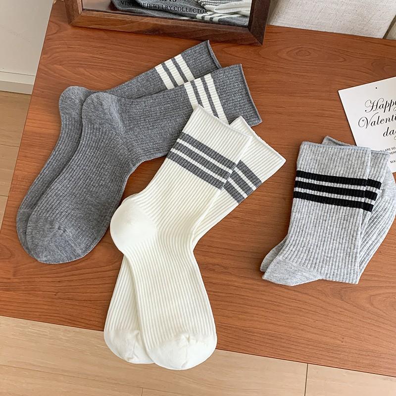 White Striped Socks Pile Socks Spring And Autumn Versatile Cotton Boneless Medium Tube Socks College Style Stockings Women