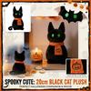 20cm Plush Black Cat Doll Halloween Decoration Soft Stuffed Animal with Knitted Scarf and Pumpkin Embroidery for Seasonal Home Display
