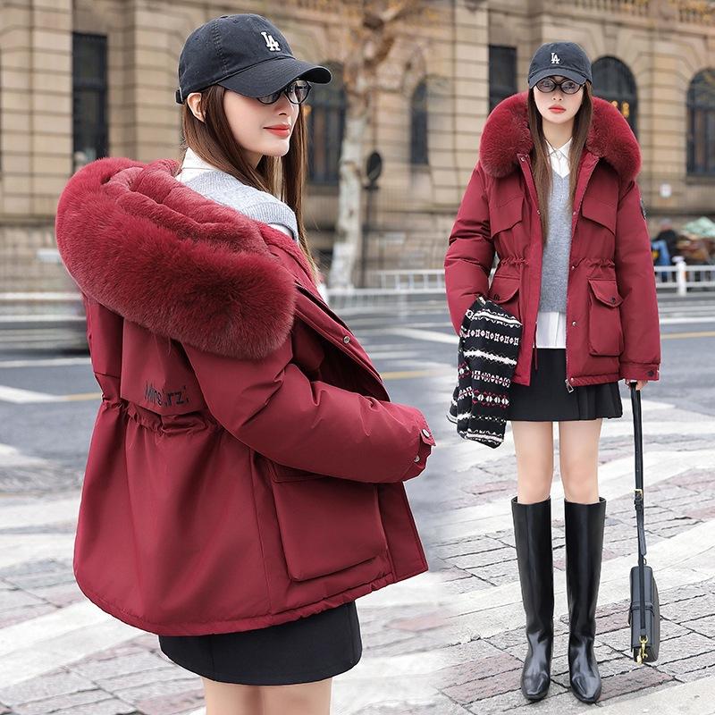 Women Short Medium Length Down Jacket Winter Warm Stand Collar Solid Color Casual Outerwear Coat
