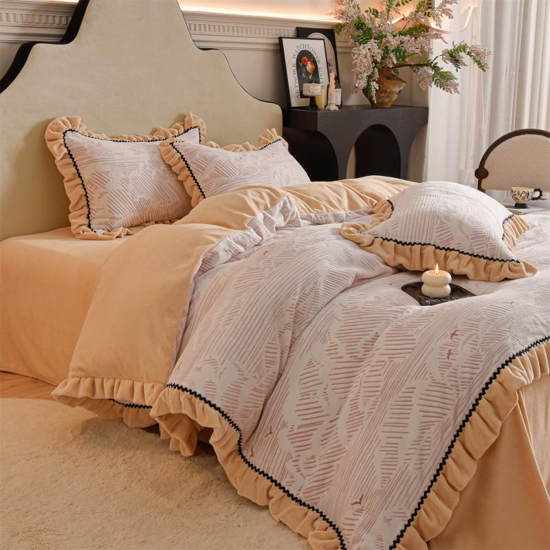 Winter Thick Milk Fleece Bedding Set French Lace Duvet Cover Sheet Coral