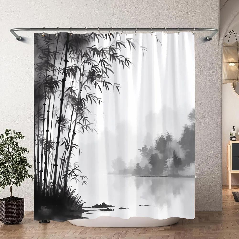 Japanese Cherry Blossom Watercolour Print Shower Curtain Koi Waves Chinese Ink Painting Polyester Shower Curtains Bathroom Decor