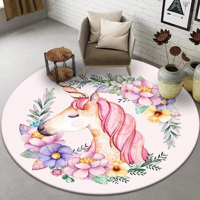 Cute Cartoon Unicorn Round Carpet Non-slip Rug for Office Living Room Bedroom Decor Soft Play Floor Mat Bathroom Kitchen Doormat