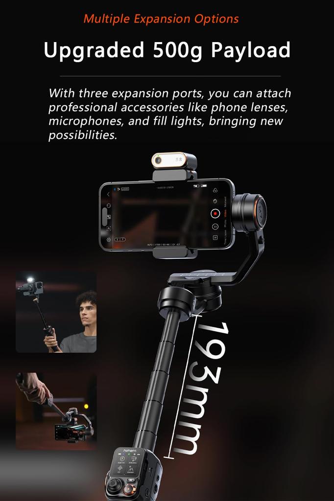 hohem M7 Smartphone Gimbal Stabilizer AI Tracker Detachable Touch Screen Remote Control Loading Capacity 500g Gimbal for iPhone Android Selfie Stick