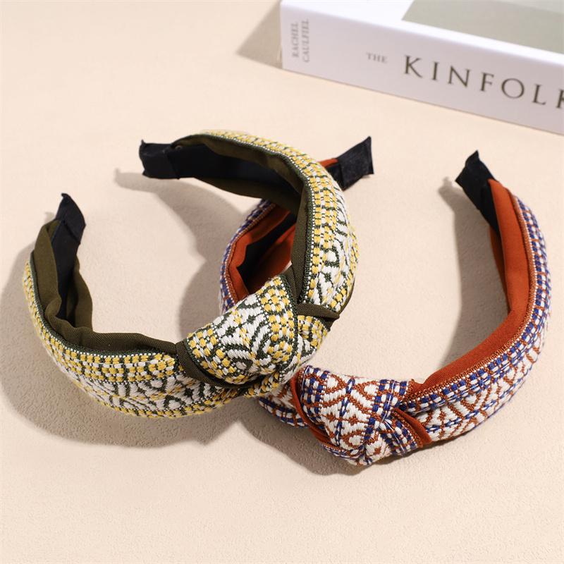 Fashion Women's And Girls Ethnic Bohemian Plaid Headbands with Center Knot for Ladies Daily Hair Hoops Accessory