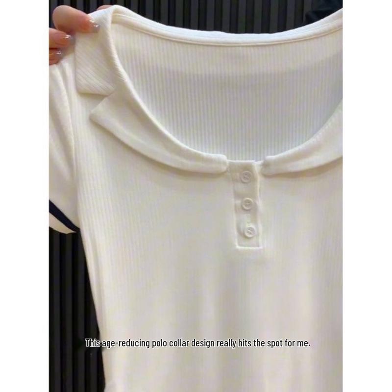 Contrasting Color Polo Collar Short Sleeve Women's Top - New Summer Style