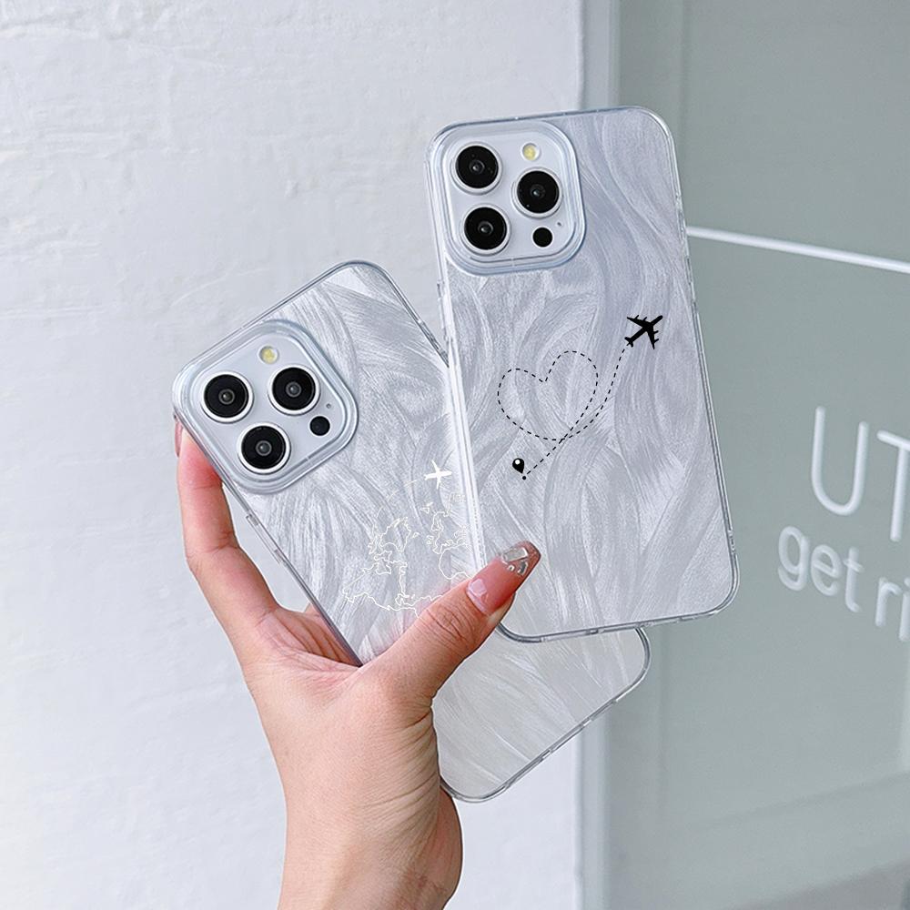 N67 Aircraft Trajectory Art Clear Frame Case for Samsung S25 A05 iPhone 16 13 Pro Max Xiaomi Redmi Note 13 Feather Chiffon Texture Silver Plated Cover