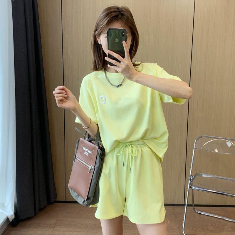 Bull Horn Sleeve Casual Sports Suit Women's Summer Thin Style Summer Running Fashion Western-style Short Sleeved Shorts Two-piece Set