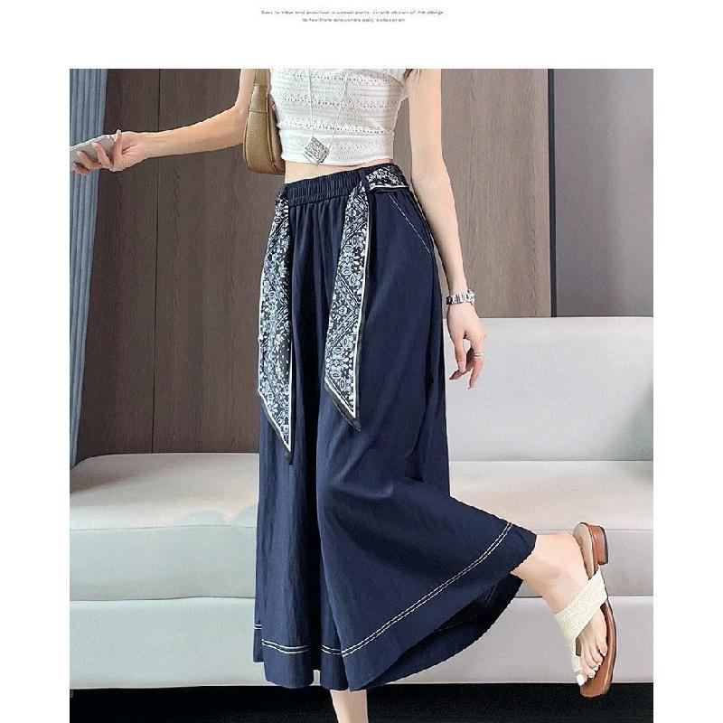 Ice silk denim skirt-pants for women, summer thin high-waisted drapey wide-leg cropped pants