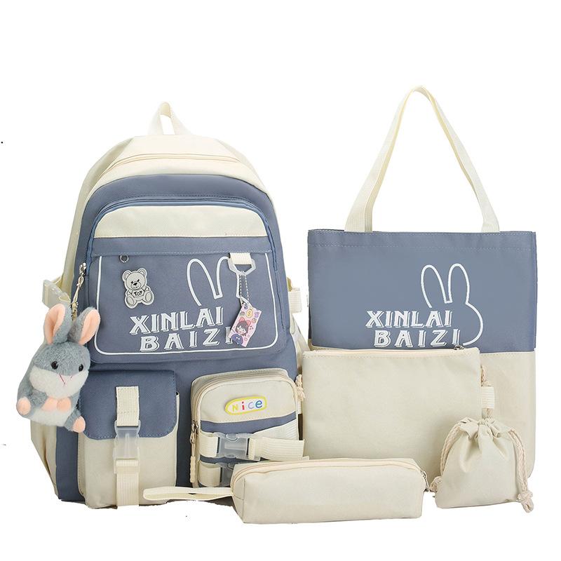 

Студенческий школьный рюкзак с цветными блоками, набор из пяти предметов, рюкзак большой емкости, женский повседневный рюкзак с героями мультфильмов синий/белый