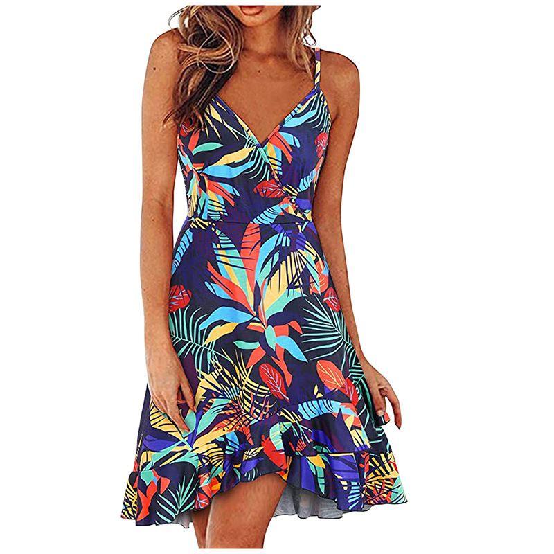 Swing Dress2025 Summer Women Clothes Sexy Fashion V-neck Sling Sleeveless Backless Print Swing Dress