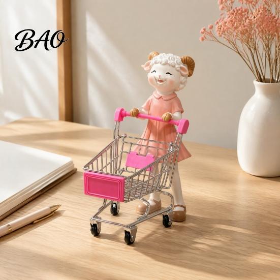 Cute Desktop Storage Solution Cartoon Sheep Shopping Cart Figurine, Mini Grocery Trolley Toy with Lamb, Small Figurine Wheels Desk Decor for