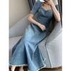 Blue Denim Dress Women's All-match Summer Design French Retro Slim Square Collar Long Skirt