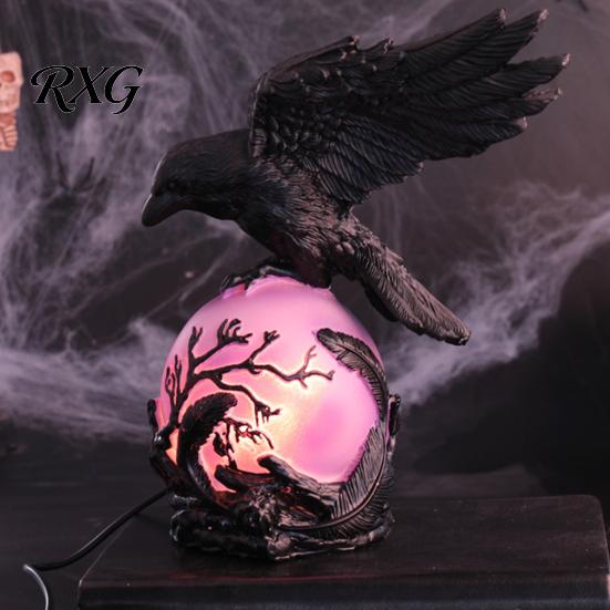 Spooky Crow Figurine Gothic Lamp, with Purple Light Ball, Resin Halloween Night Light, Realistic Sculpture USB Powered Dark Style Statue for
