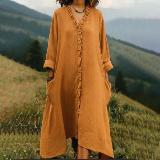 Women's Ruffle Trim V Neck Dress Summer Casual Loose Long Sleeve Maxi Dress Flowy Boho Beach Sundress with Pockets