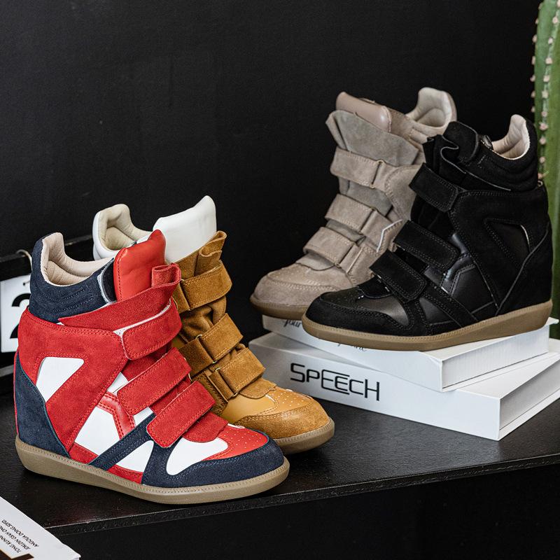 Professionelle Damenstiefel mit innerer Erhöhung 8 cm hoch, High-Top, innerer Keilabsatz zur Höhenerhöhung, Klettverschluss, Freizeitschuhe, kleine Damengröße