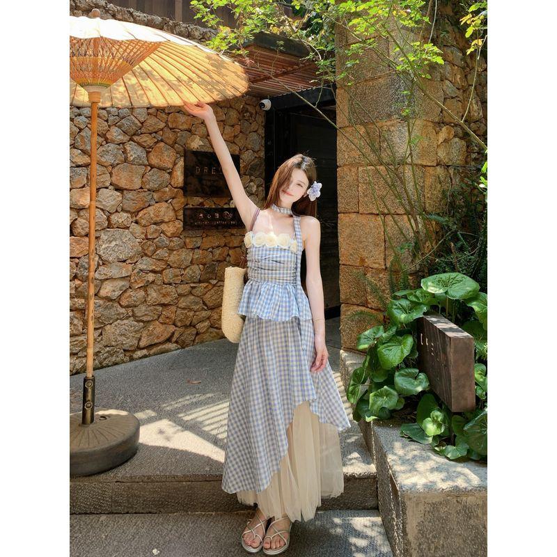 Kumikumi Sweet Style Three-Dimensional Flowers Cami Women Summer High Waist Mesh Patchwork Skirt Two-piece Set