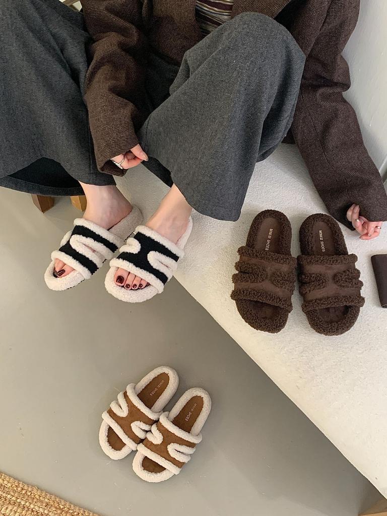 Thick-bottomed Boken Wool Slippers for Women In the Autumn and Winter of 2025, the New Korean Version of One-word Wool Slippers, and the Small Person 