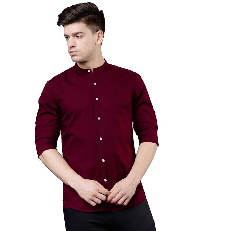 Rebelify Men' Cotton Blend Regular Fit And Button Down Long Sleeve Mandarian Neck Chinese Collard To