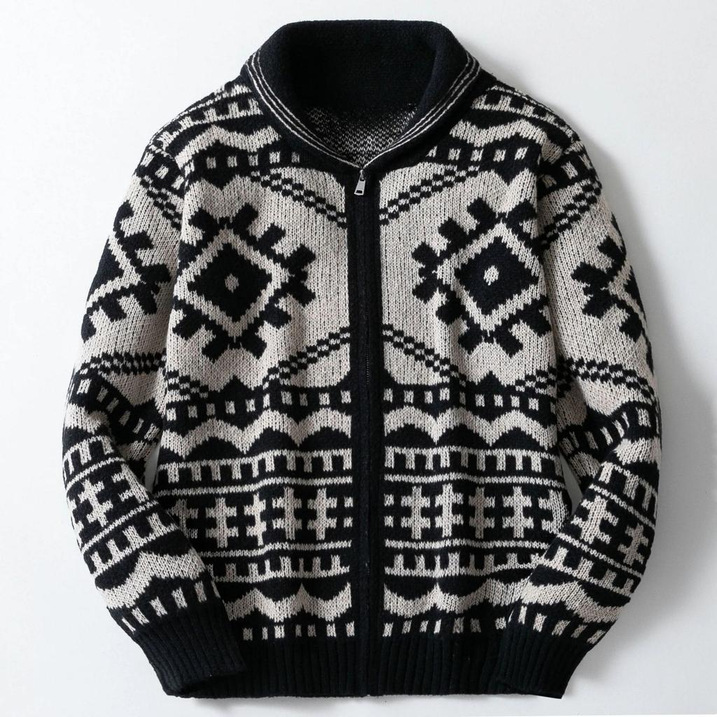 Shawl Collar Cardigan Sweater for Men Casual Zip Up Knitted Sweaters Jacquard Pattern Knit Jackets Men's Fall Warm Long Sleeve Sweater Cardigans