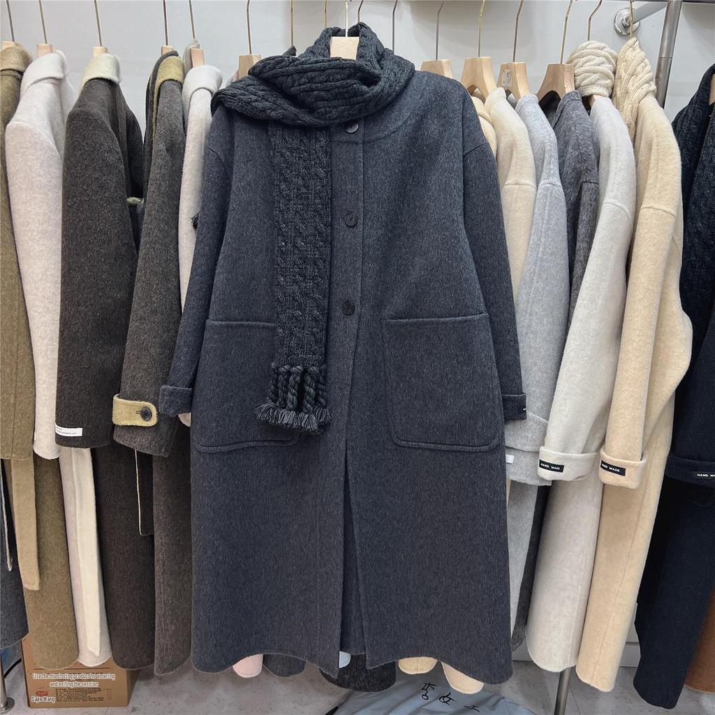 2025 Autumn/Winter Korean Style Mid-Length Double-Sided Cashmere Wool Coat with Scarf