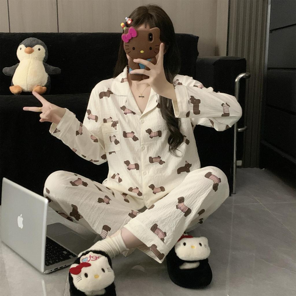 Cartoon Sausage Dog Plus Size Women's Long Sleeve Pajama Set for Spring/Autumn