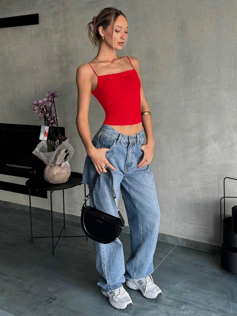 Cross-border Influencer Ice Silk Spaghetti Strap Camisole: Solid Color Slimming Bandeau Vest