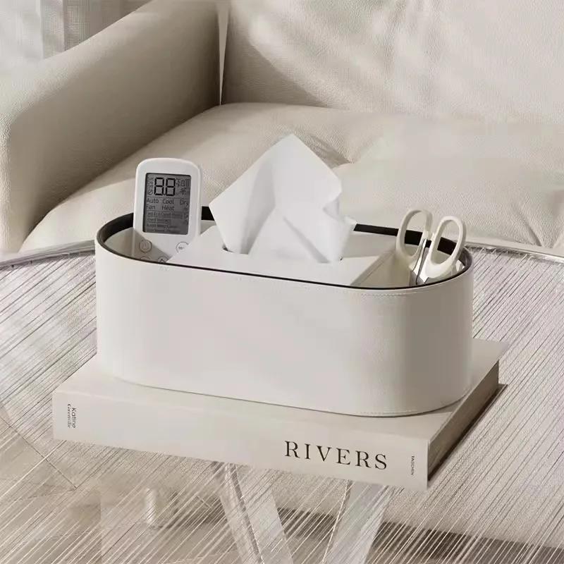 High-End Leather Paper Box Light Luxury Tissue Box Bathroom Living Room Bedroom Desktop Creative Oval Napkin Storage Box