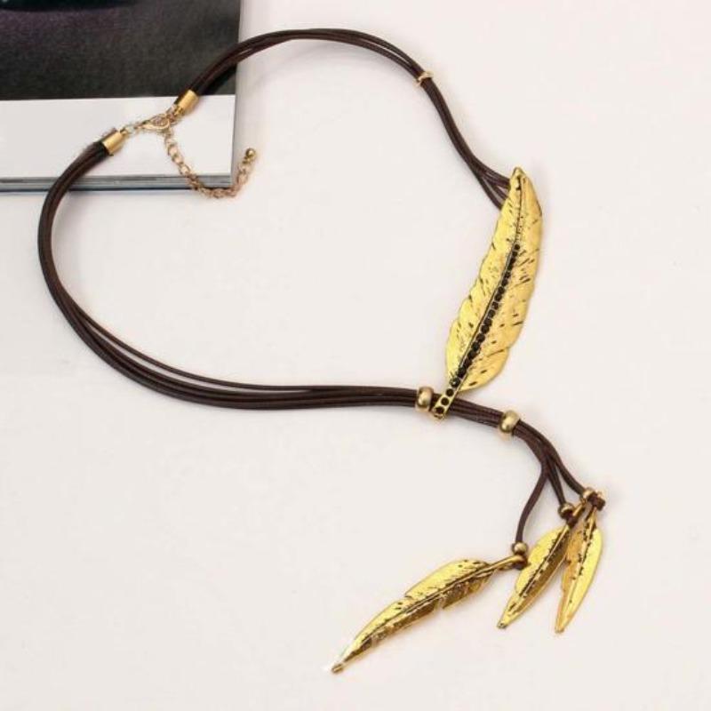 Bohemian Damen Strass Feder Anhänger Kunstleder Seil Halskette Schmuck