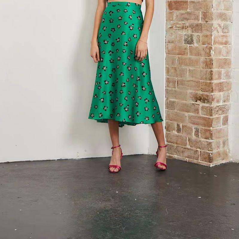 

Summer New Arrival Women s Clothing High Waist Slim Looking Chic French Retro Green Printing Floral A- Type Slim Skirt Emerald Green Half-length Dress (Style 3) L.