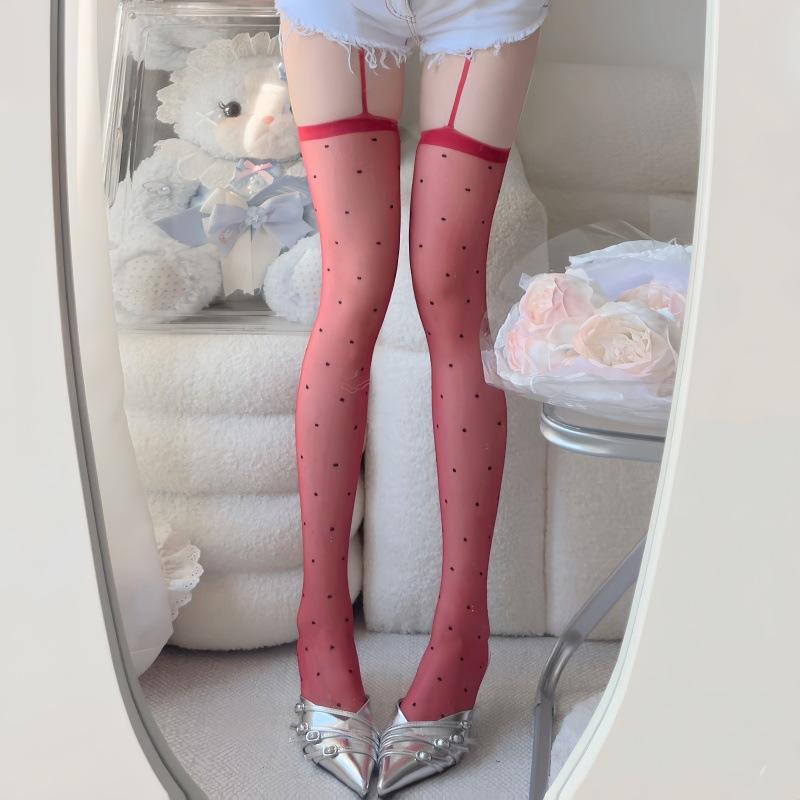 Black Stockings For Women In Spring And Summer, Bare Legs, Polka Dots, Over-the-knee Thigh Socks, Dotted Suspenders, One-piece Socks
