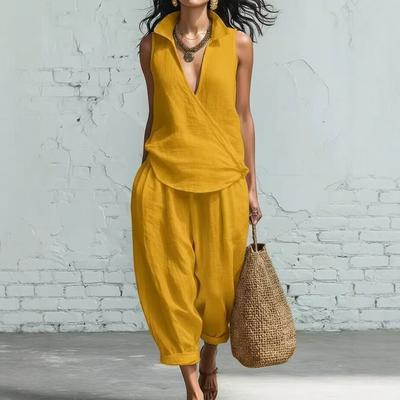 2026 New Sleeveless V-Neck Bamboo Hemp Wide Leg Pants Set Fashion Two-piece Set Cross-border Polyester Casual Set
