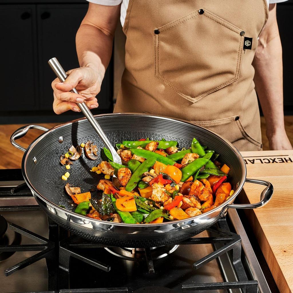 HexClad Hybrid Nonstick Wok with Stainless Steel Insulated Dishwasher Oven Safe Up To Induction and Compatible with All Countertops 14-inch Lid,